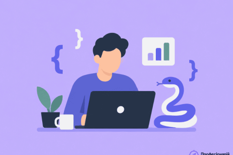 Python-розробник за ноутбуком із фрагментами коду та символом мови Python