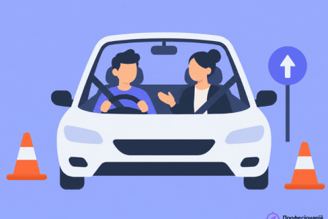 Інструктор з водіння навчає учня керувати автомобілем