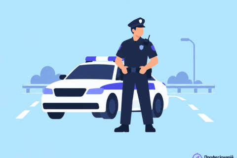 Поліцейський на патрулюванні біля службового автомобіля