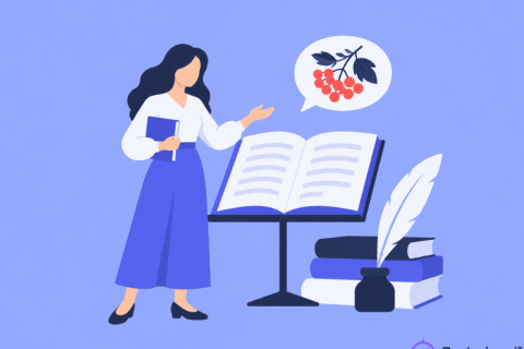 Вчитель української мови і літератури веде урок біля розгорнутої книги